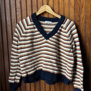 MADEWELL Chunky Striped V-Neck Sweater - Navy, Cream, Brown - Size Meidum
